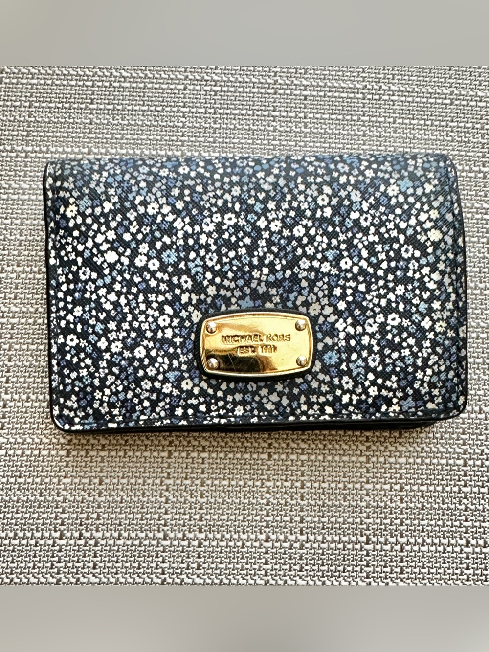 Michael Kors Navy Floral Compact Wallet with Gold Plaque